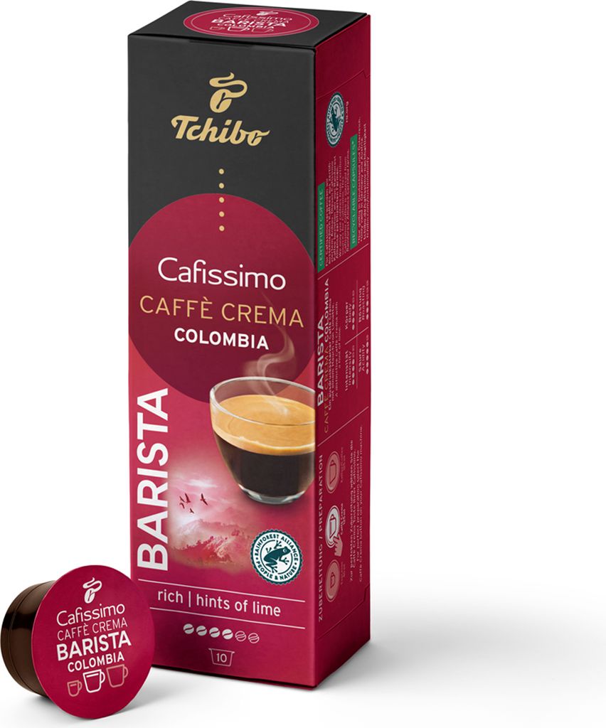 Tchibo Cafissimo Caffè Crema Colombia Kaffeekapseln, 10 Stück (Kaffee, ausdrucksstark mit Hauch von Limette), nachhaltig & fair gehandelt