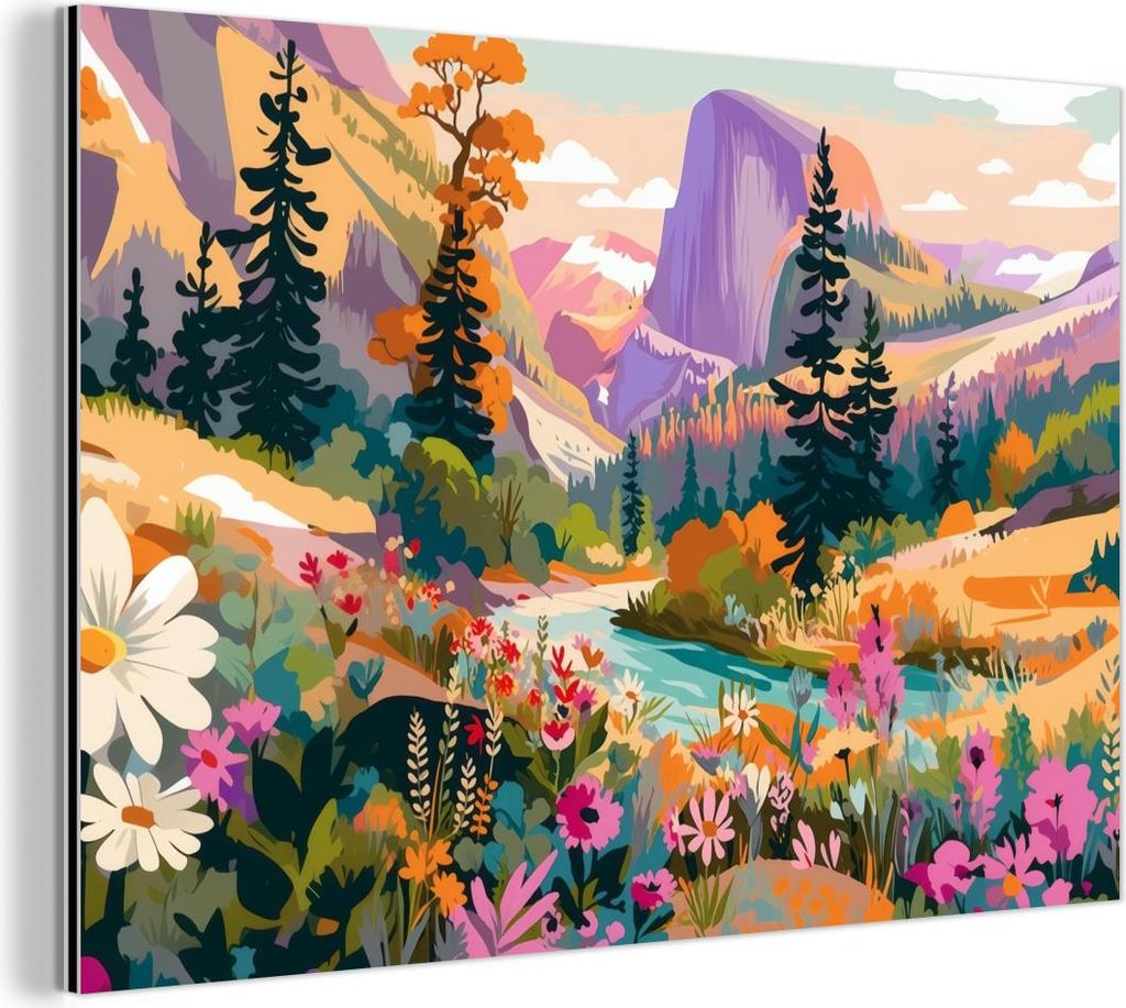 MuchoWow Wanddekoration Metall Metallbild Wandkunst 90x60 cm Fluss - Tal voller Blumen - Lebendig MuchoWow Aluminium Gemälde - Wandbilder