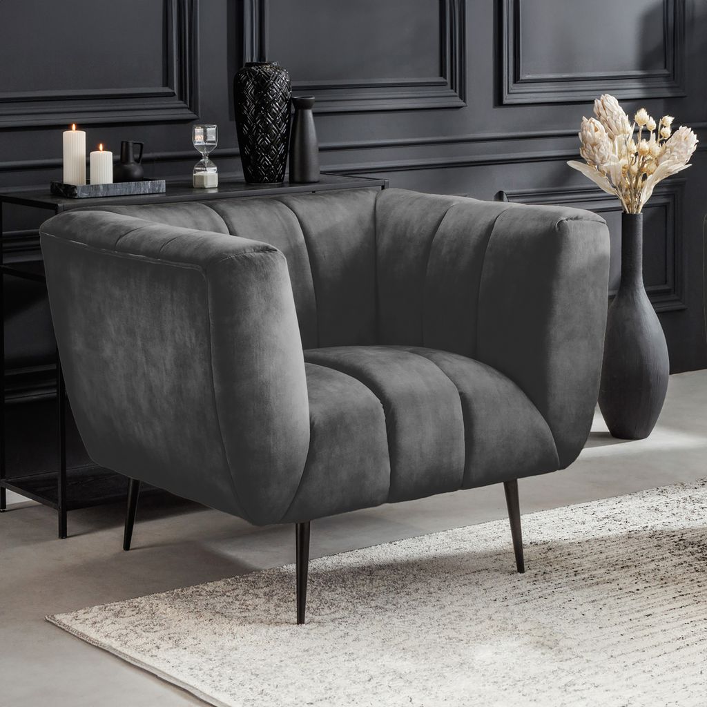 riess-ambiente Retro Sessel NOBLESSE 105cm grau Samt schwarze Metallfüße Federkern Ziersteppung Lesessel Relaxsessel