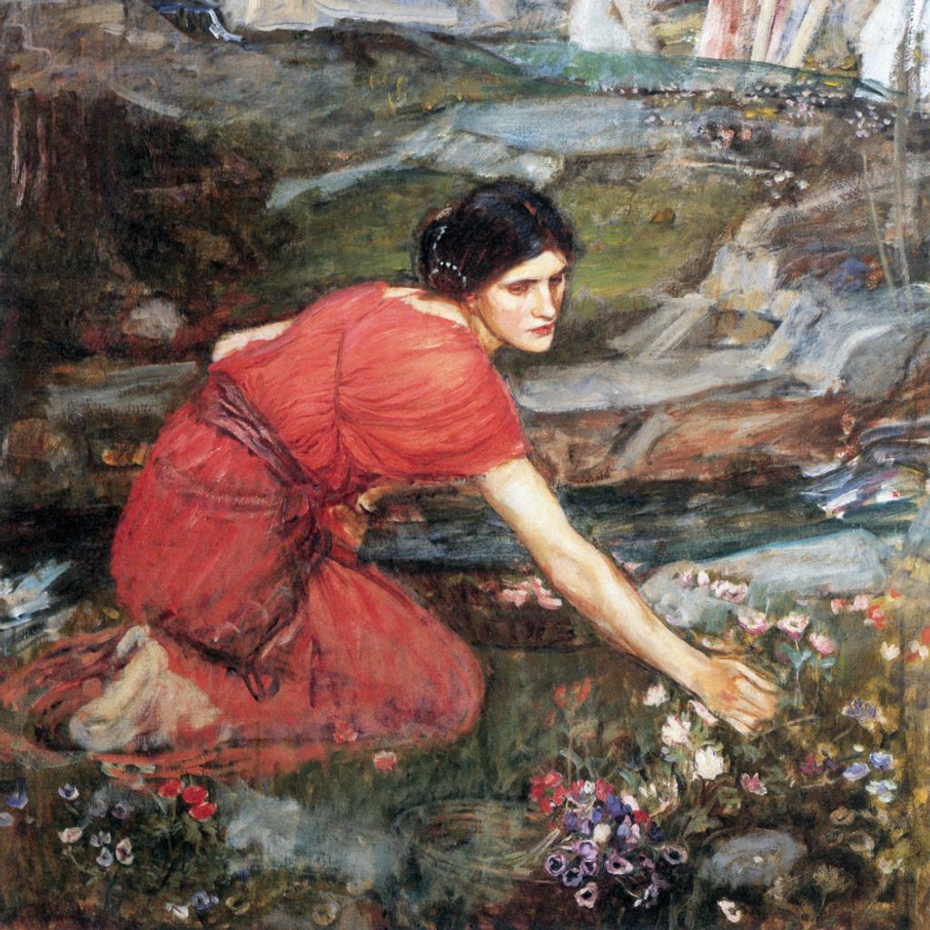 John William Waterhouse Kunstdruck Bild - Blumen Pflückende Mädchen Am Strom, Studie, 1911, Detail (70 x 70 cm)