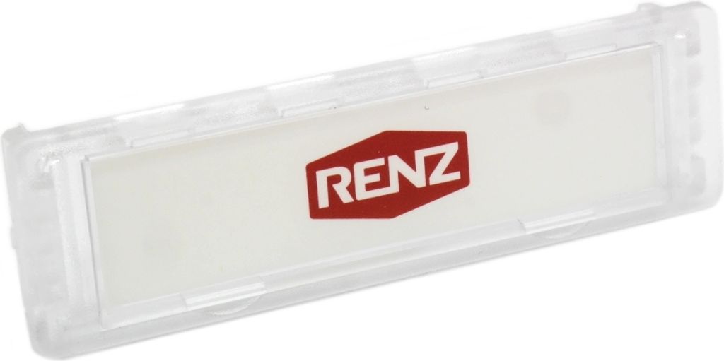 A clear product shot of a transparent name tag with a red logo.