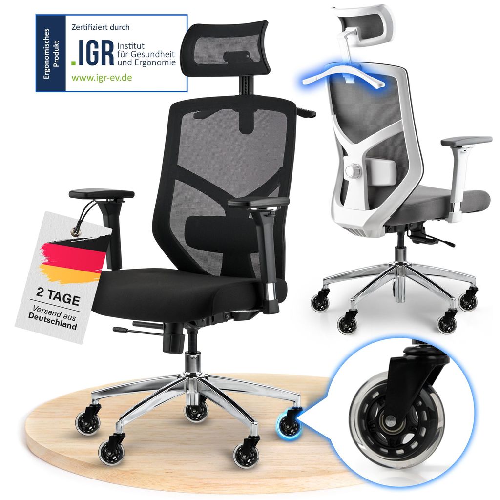 A collage of ergonomic office chairs, with a close-up of a wheel and promotional text.