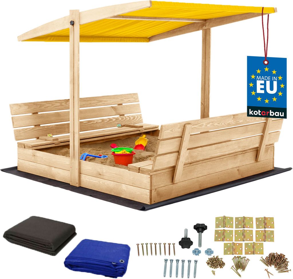 KOTARBAU Sandkasten mit Dach 140x140 cm Holz mit Abdeckung & Sitzbänken Sandkiste Gartenspielzeug für Kinder mit Deckel & Sonnenschutz in Gelb