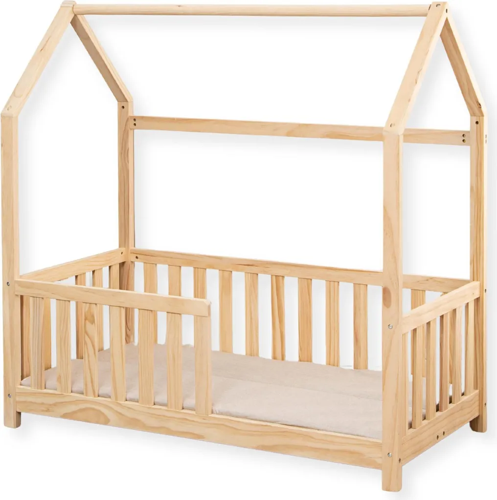 Lit Cabane Enfant 70x140 cm en Bois Naturel avec Matelas et Sommier à Lattes