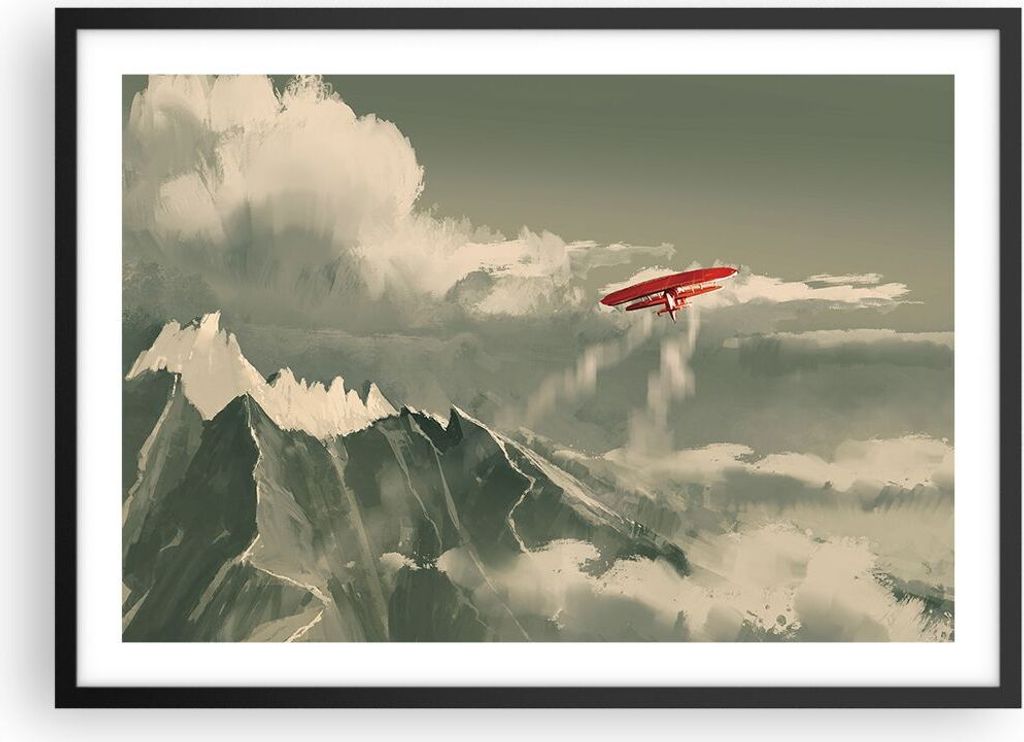 Gerahmtes Poster - Schwarzer Rahmen - Rot Flugzeug Berge - 70x50 cm - Wand Bild - Wanddeko - Wandbilder - Kunstposter - Wandposter - Bilderrahmen -...