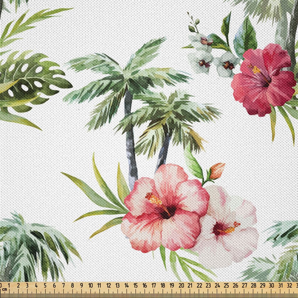 ABAKUHAUS Hawaii Satin Stoff als Meterware, Aquarelleffekt-Palme-Hibiskus blüht romantische Sommer-Blüte, 1 M (148 x 100 cm), Resedagrün Pale Pink