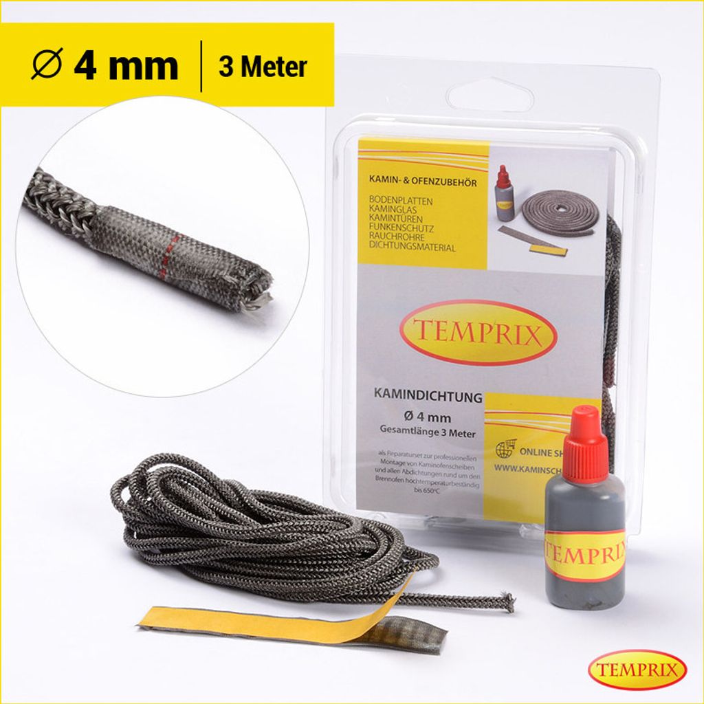 Temprix Kamindichtung & Ofendichtung Ø 4 mm - 3 Meter inkl. Kleber | feuerfeste Ofenschnur, Kaminschnur & Dichtband bis 650°C temperaturbeständi...
