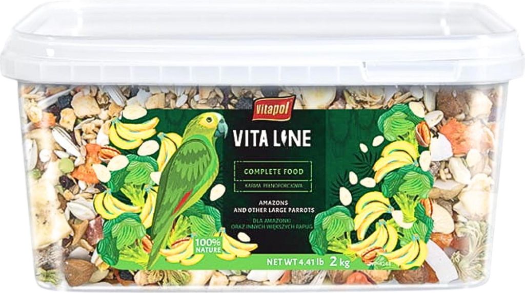 A clear, well-lit product shot of a plastic tub filled with bird food, featuring a prominent label with product information and graphics.