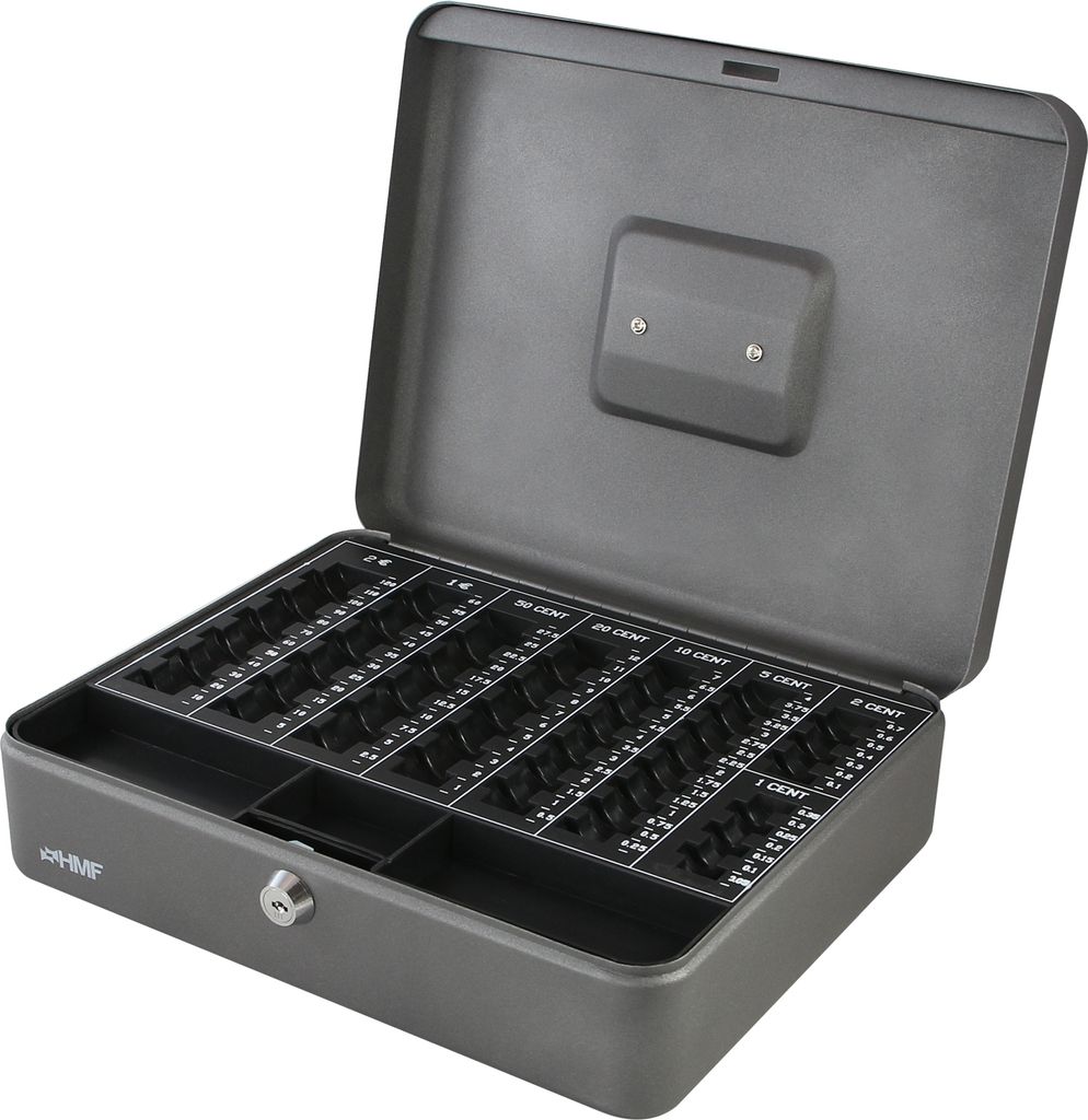 Geldkassette abschließbar mit herausnehmbaren Münzzählbrett, HMF 108-09, Silber