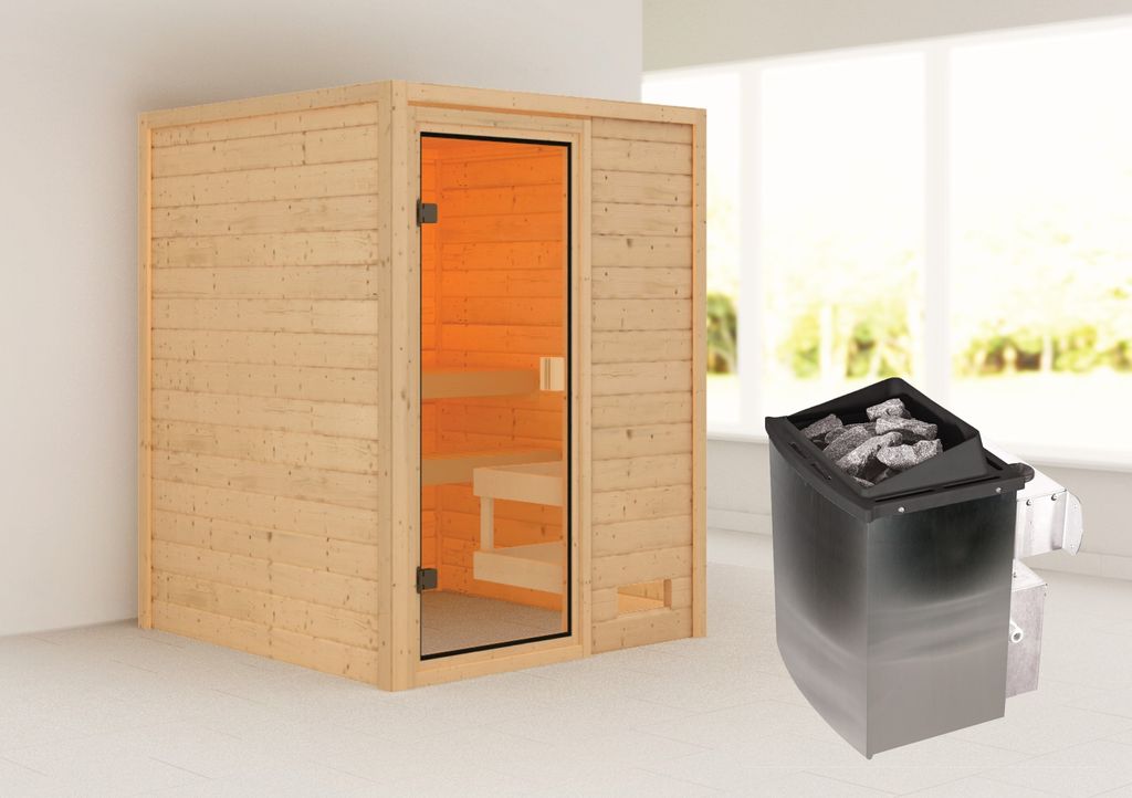Karibu Sauna Innensauna Sandra Fronteinstieg Ofen 9 kW integr. Strg 145x145x187 cm ohne Dachkranz