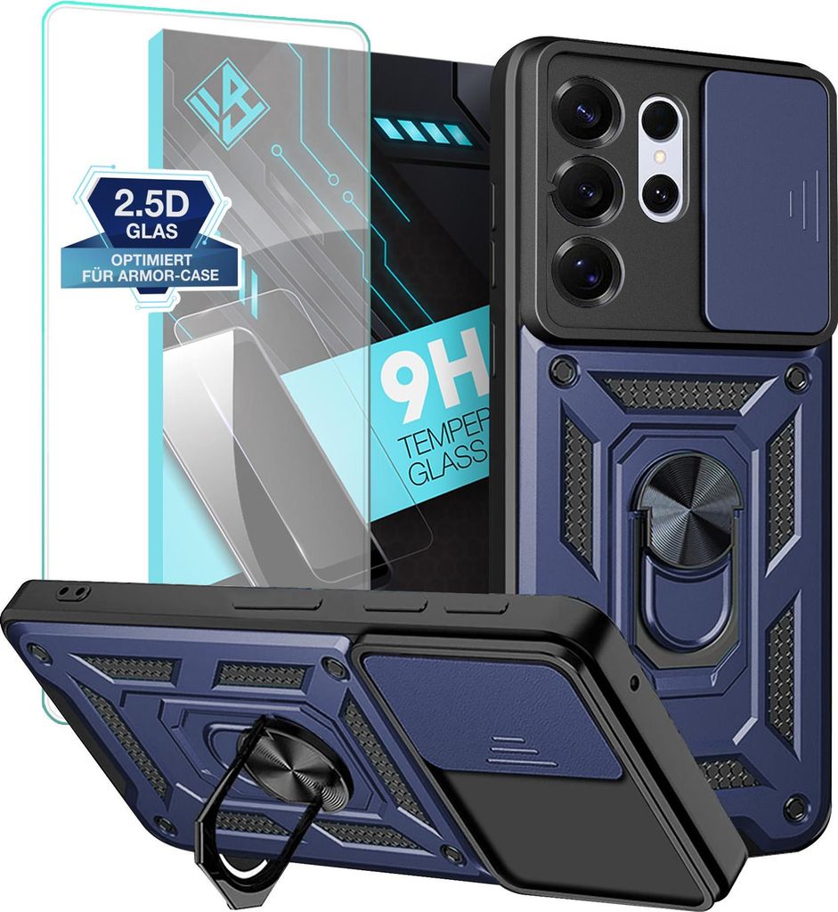 Armor Handyhülle für Samsung Galaxy S26 Ultra mit 9H Displayglas Displayschutz Kameraschutz Handy Panzer Case Cover Schutzhülle Outdoor Farbe: Blau