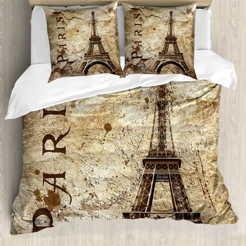 ABAKUHAUS Copripiumino Torre Eiffel, Torre Eiffel su parete grunge, antiacaro, adatto a chi soffre di allergie, con federe, 155 cm x 220 cm - 80 x 80 cm, marrone beige