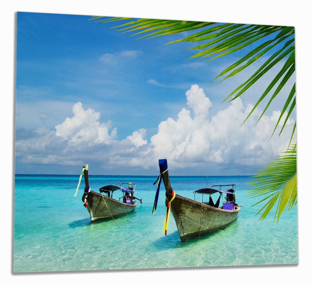 Wallario Herdabdeckplatte aus Glas, Größe 60 x 52 cm 1-teilig, Motiv Sonnenboot in der Karibik