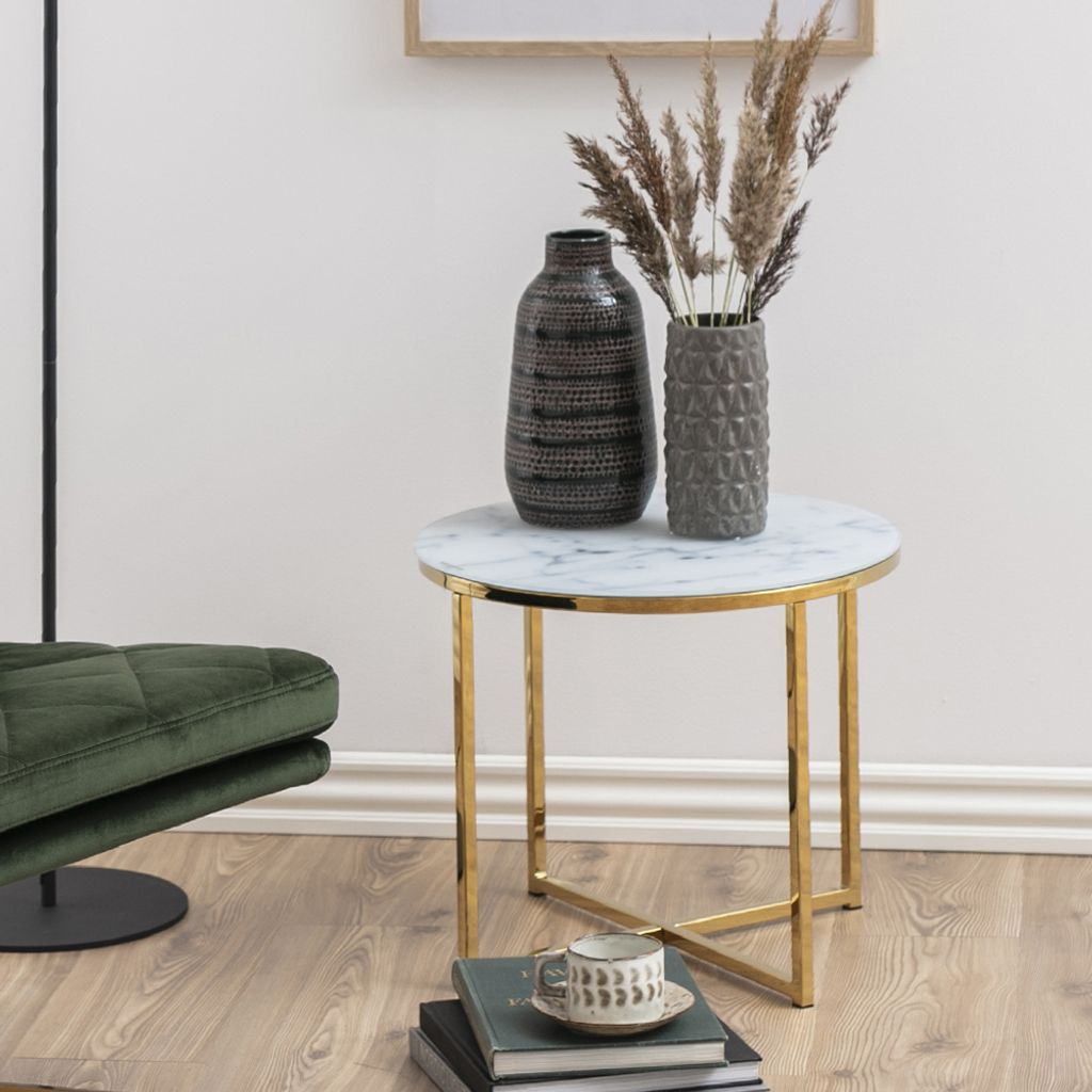 Selsey Beistelltisch BAKAR - Couchtisch im Glamour Stil, Marmoroptik mit Metallgestell in Gold, rund 50 cm