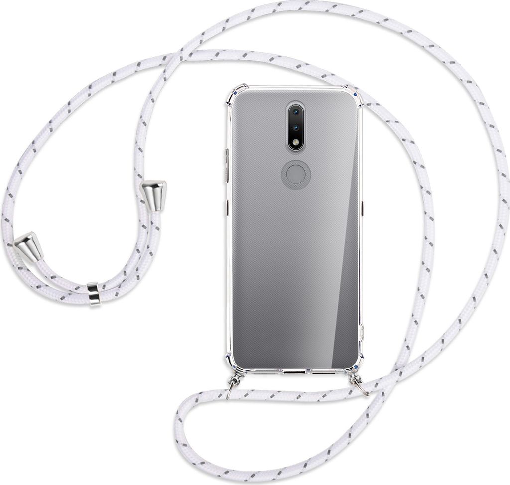 Handykette Backcover-Schutzhülle mit Band (Metall silberfarben) für Nokia 2.4 - weiß/grau