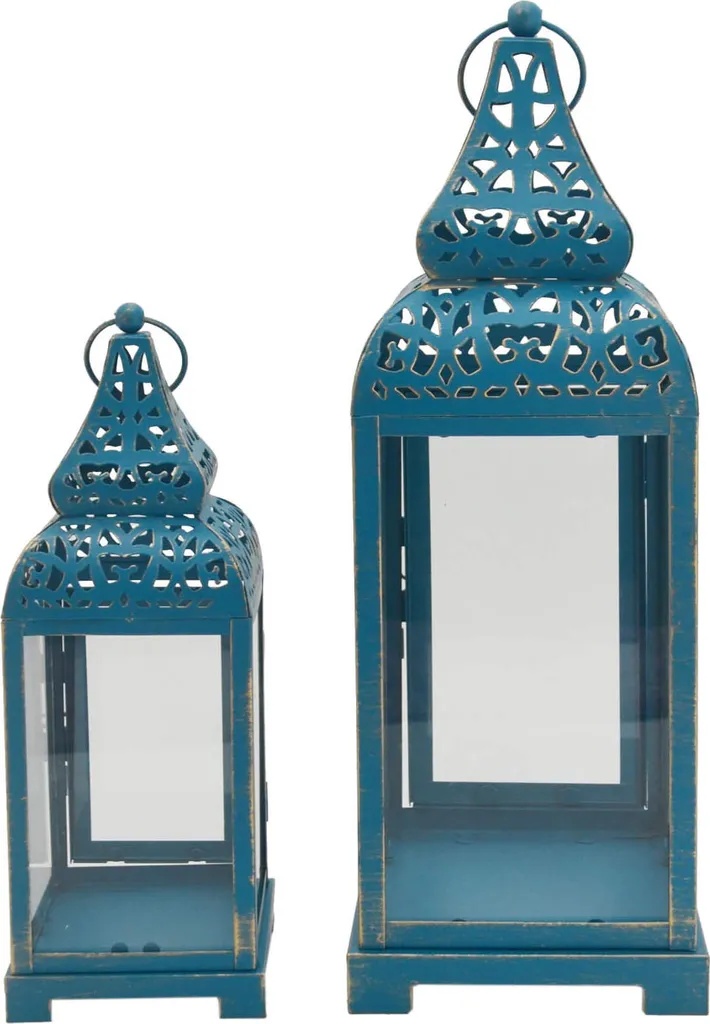 Lanternes Décoratives Bleues et Or en Métal et PVC pour Salon - Set de 2