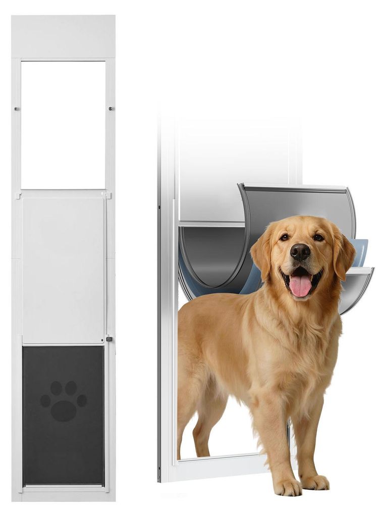 SucceBuy Höhenverstellbare Hundeklappe für Glasschiebetüren, anpassbar von 1927 bis 2049 mm, robuster Aluminiumrahmen mit dreilagiger Klappe und...