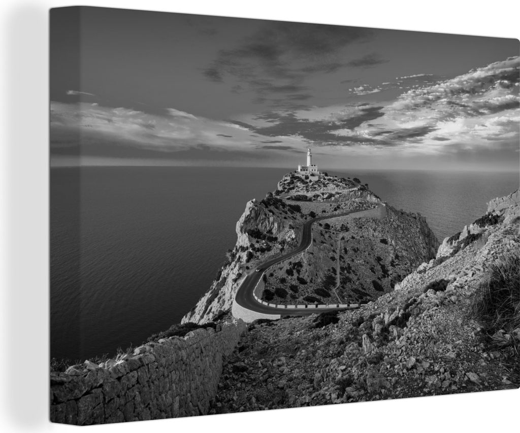 OneMillionCanvasses - Leinwandbilder - 140x90 cm, Mallorca - Leuchtturm - Berge - Schwarz - Weiß, Wandbilder Kunstdruck Wanddekoration