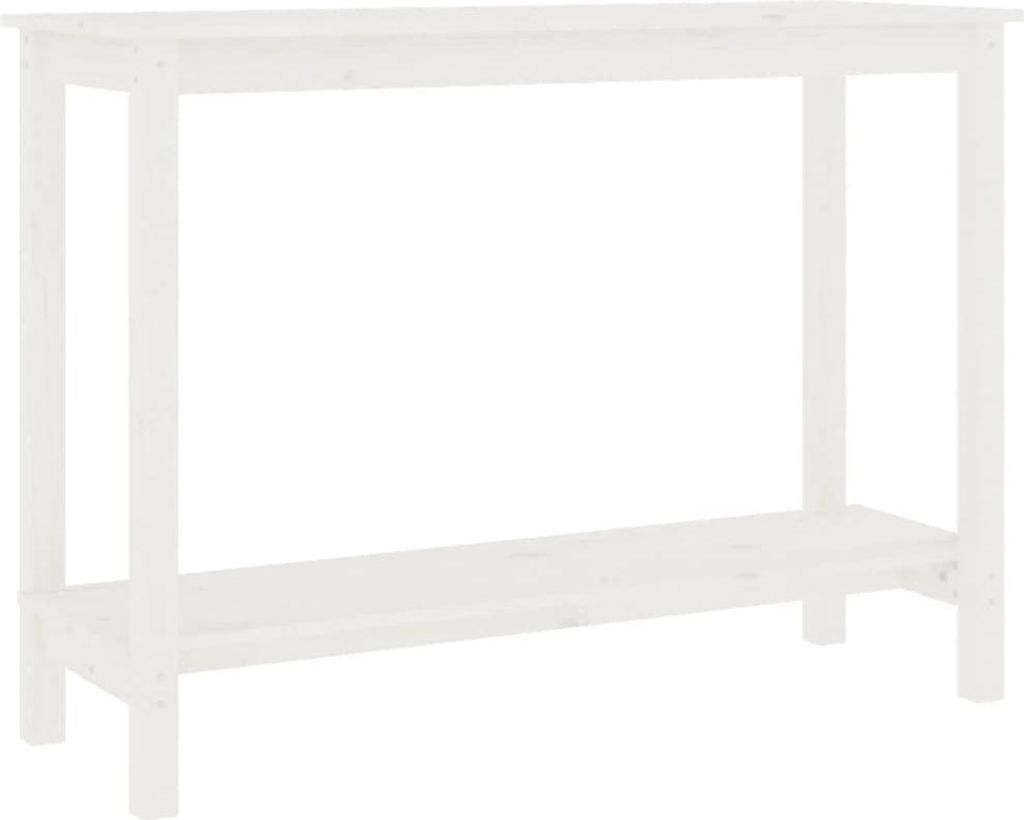 A white wooden console table with two shelves, shown against a white background.