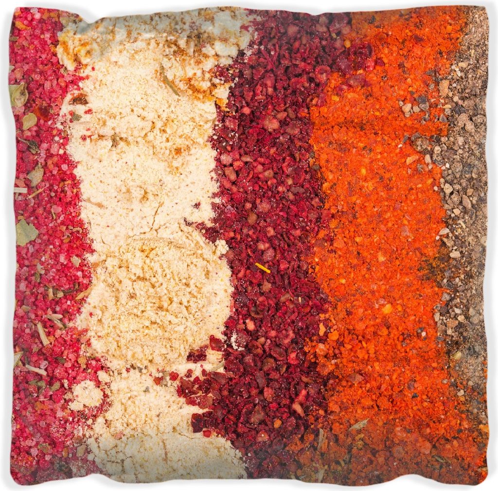 Wallario Premium Kissen, weiche Oberfläche, mit Motiv Bunte Gewürze in Streifen - Chili, Curry usw, Größe: 40 x 40 cm, mit weißer Rückseite
