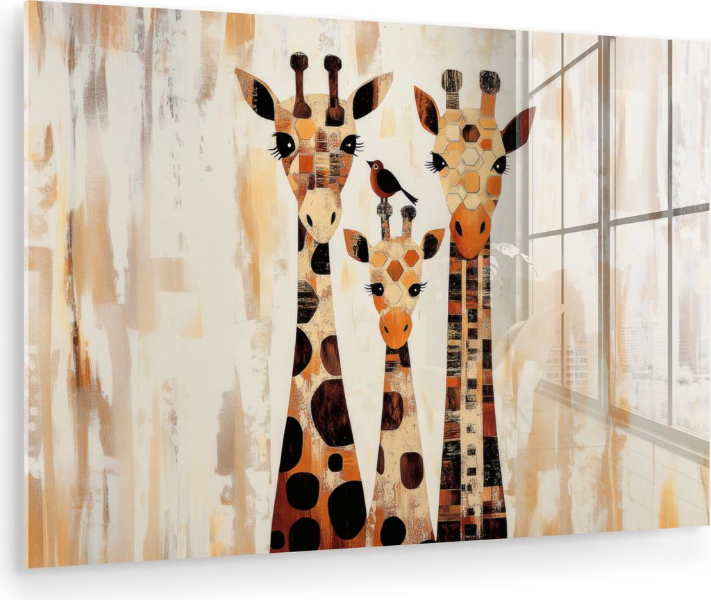 MuchoWow Glasbilder - Bilder auf Wandbild - Foto auf Glas Giraffen - Cartoon - Creme 30x20 cm Wanddekoration aus Glas - Acrylglasbild - Acrylbilder...