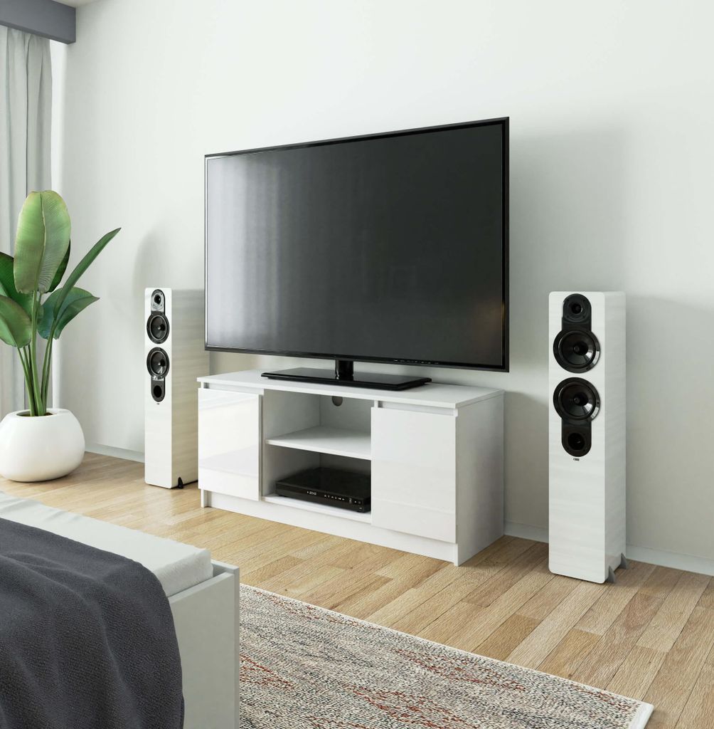 TV Lowboard – TV Schrank – TV Ständer – TV Tisch – 120 cm – Weiß / Hochglanz – Funktionale Medienaufbewahrung mit Klapptüren