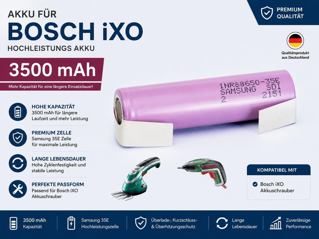 Ersatz Akku für Bosch IXO / ISIO mit mehr Kapazität 3450mAh aus Samsung 35E