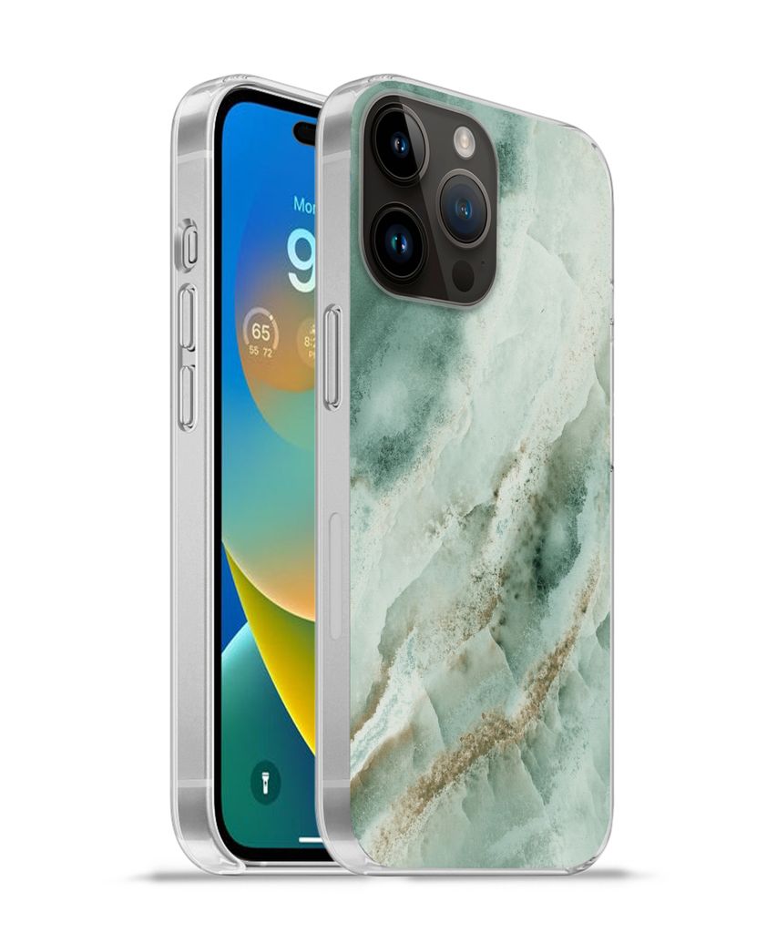 MuchoWow Handyhülle Schutzhülle Hülle für Apple iPhone 14 Pro - Softcase Naturstein - Grün - Chic Silikon Softcase Handy Hülle - Umschlag