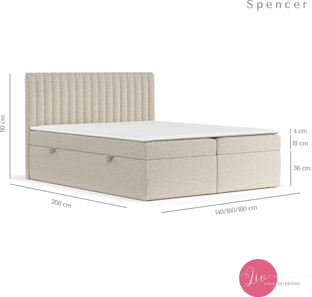 Boxspringbett Livia Interiors Spencer, Bett 140x200 cm, mit Bettkästen, Doppelbett, H3 Bonell - Matratze und Topper, Webstoff Megan - Hellbeige