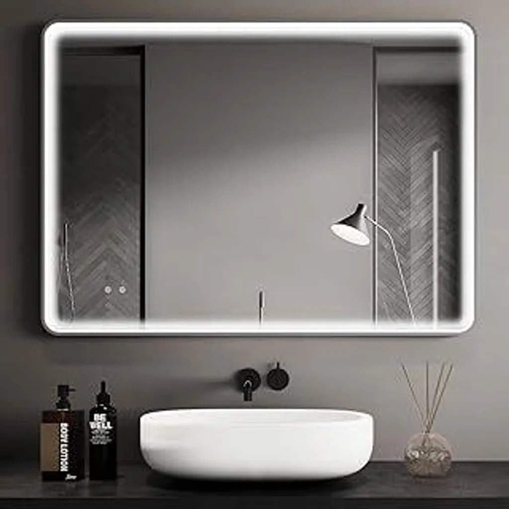 Specchio da bagno Clevich con illuminazione 70 x 50 cm, striscia luminosa COB LED super luminosa, cornice in alluminio, 3 colori di luce, dimmerabile, antiappannamento, funzione memoria, specchio da bagno Specchio da parete con illuminazione - 1