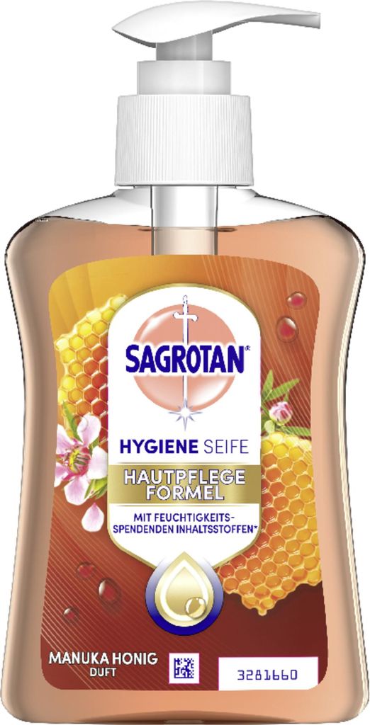 Sagrotan, Antibakterielle Flüssigseife, Mandelblüte und Produktbild 