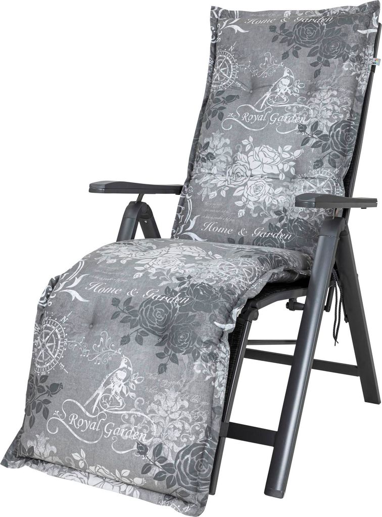 A gray recliner chair cushion with a floral and text pattern, shown against a white background.