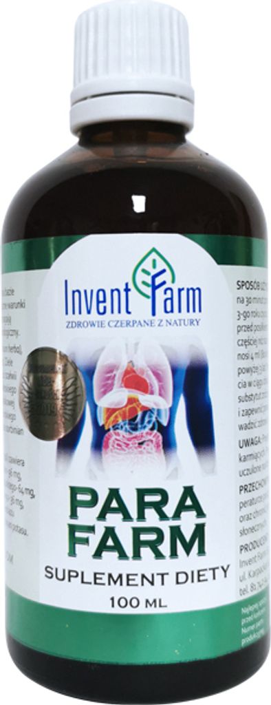 A bottle of Para Farm supplement with an illustration of the human digestive system.