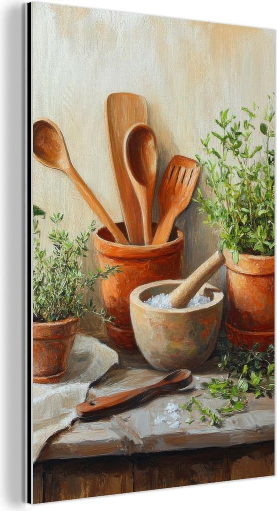 MuchoWow Wanddekoration Metall Metallbild Wandkunst 20x30 cm Töpfe - Kräuter - Holz MuchoWow Aluminium Gemälde - Alu Dibond Bild