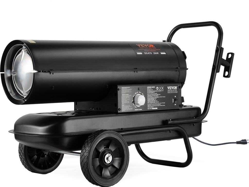 A black kerosene/diesel heater with wheels and a handle, shown from a side angle against a white background.