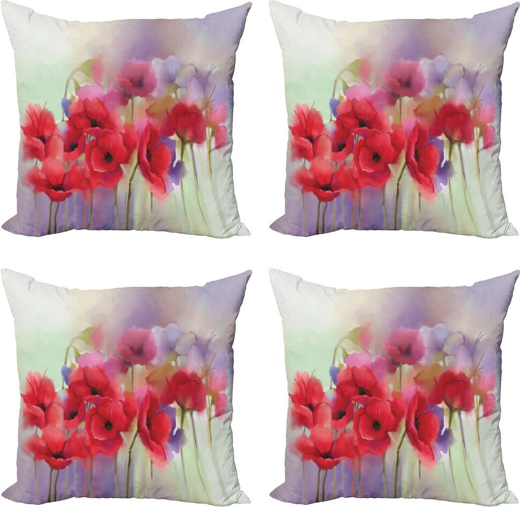 ABAKUHAUS Blume Kissenbezug Set (4 Stück), Frühlings-Blumen Romantische, Moderner Doppelseitiger Digitaldruck, 60 cm x 60 cm, Lavendel und Rot