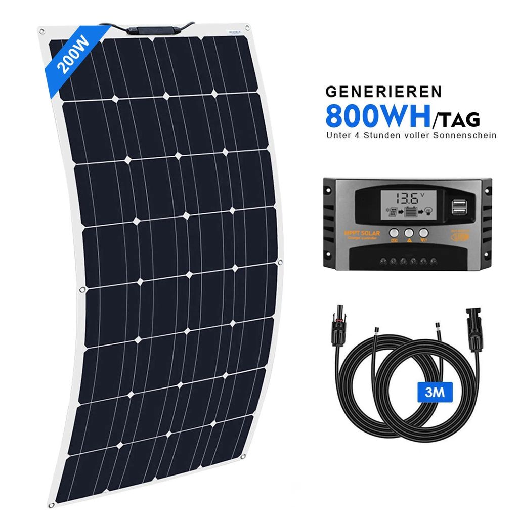 200W Solarpanel Flexibel Monokristallin 12V Solarmodul Set Produktbild 