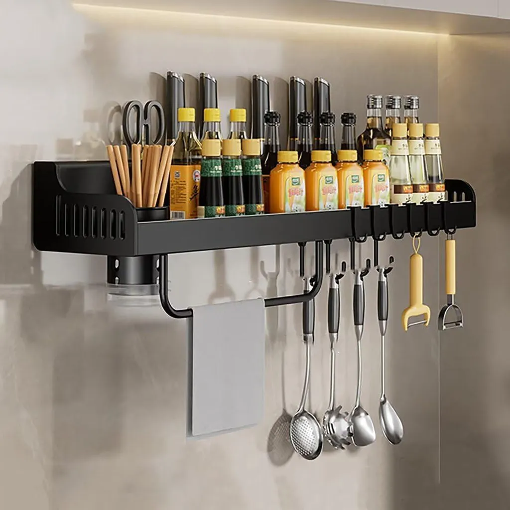 Organisateur d'étagère de cuisine pour épices et couteaux en métal noir