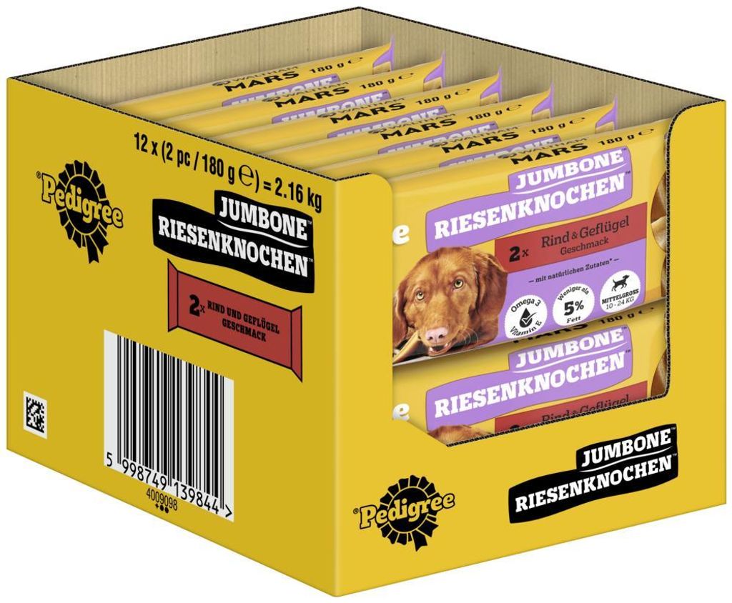 PEDIGREE® JUMBONE™ Riesenknochen Beutel Medium mit Rind und Produktbild 