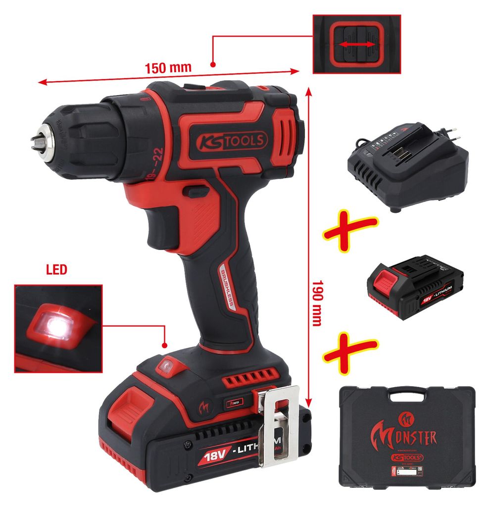 KS Tools eMONSTER Brushless-Akku-Bohr-Schrauber-Satz, 4-tlg