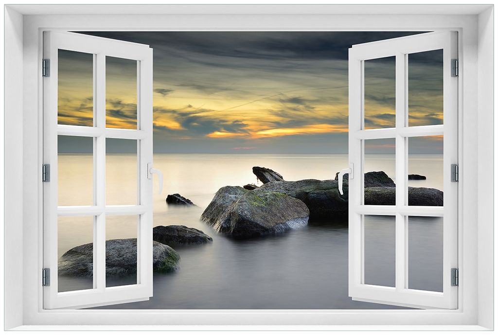Wallario Premium Glasbild mit Fensterrahmen, freischwebende Optik, kräftige Farben, Größe 60 x 90 cm Motiv Mystische Felsen im Meer
