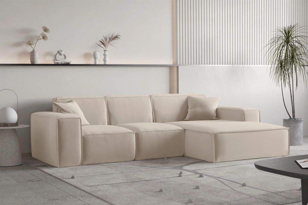 Ecksofa Designersofa CELES PREMIUM Stoff Opera Velvet Sand Ottomane Rechts
