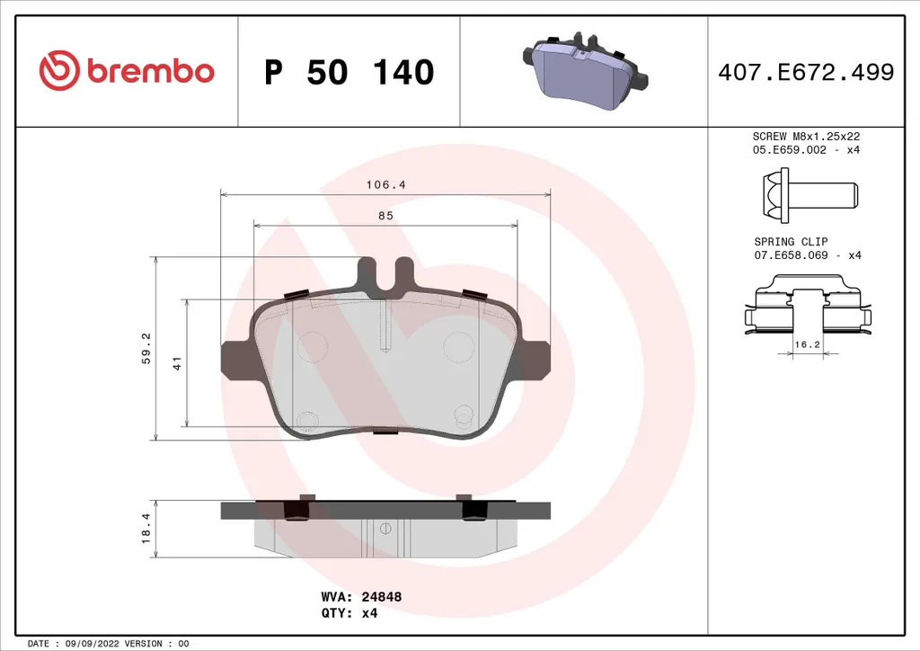 Brembo P 50 140 Plaquettes de Frein Premium pour Mercedes GLA et SLC R172