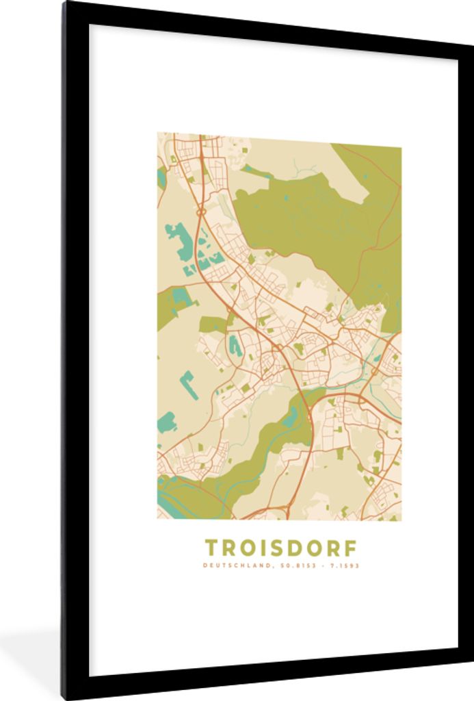 MuchoWow Gerahmtes Poster Troisdorf - Karte - Vintage - Stadtplan 60x90 cm - Poster mit Schwarzem Bilderrahmen Wandposter Rahmen Foto Bilder - De...
