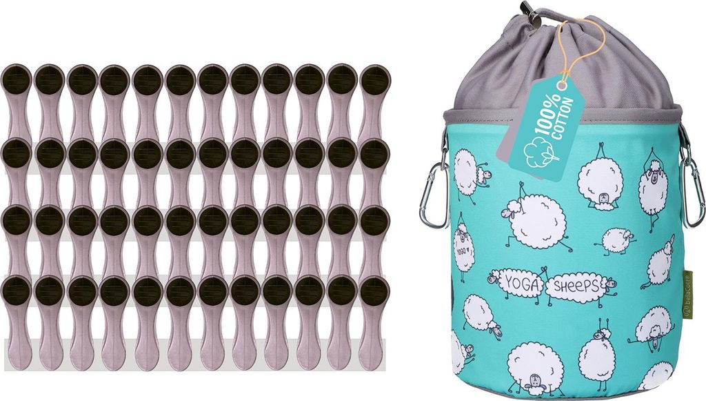 48 Wäscheklammern mit Softgrip Silber Anthrazit und 1 bellaCott Wäscheklammerbeutel Yogaschafe