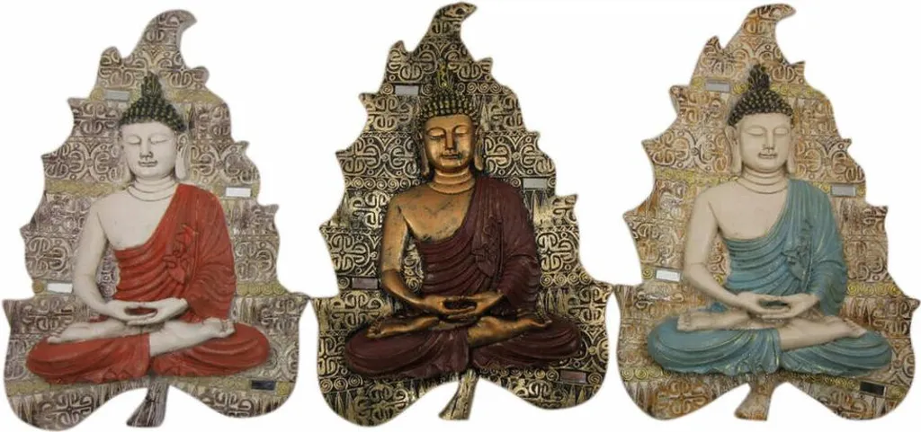 Triptyque mural Bouddha oriental bleu et rouge - Décoration zen 3 pièces