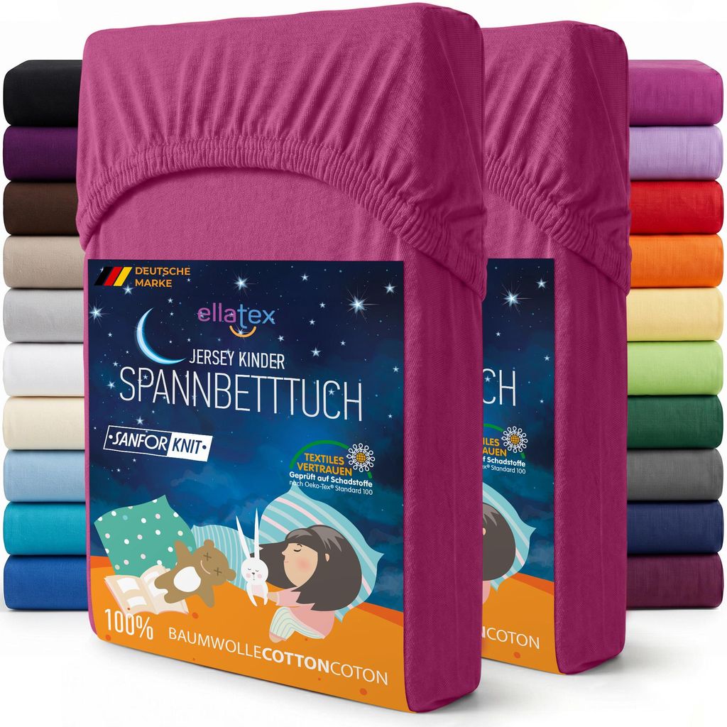 EllaTex 2er Pack Jersey Kinder Spannbettlaken 70x140 Baumwolle – Spannbetttücher Set für Babybett & Kinderbett, Farbe: Pink