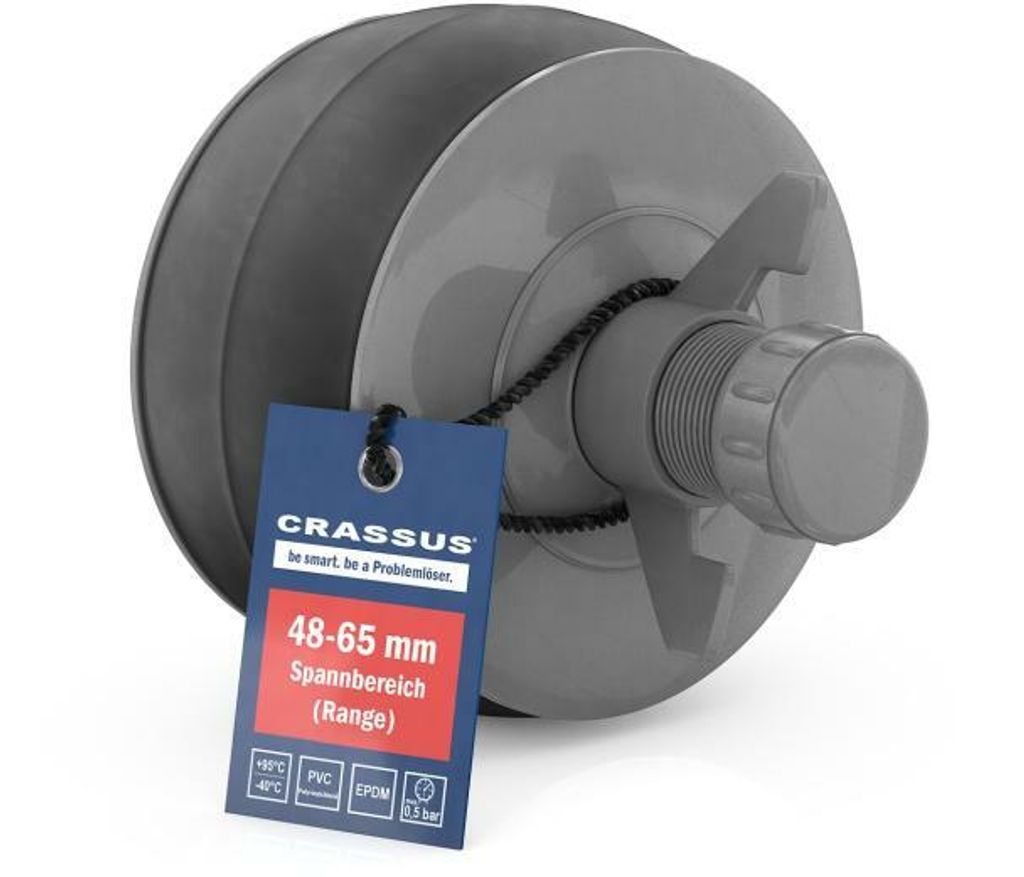A close-up product shot of a pipe plug with a tag attached.