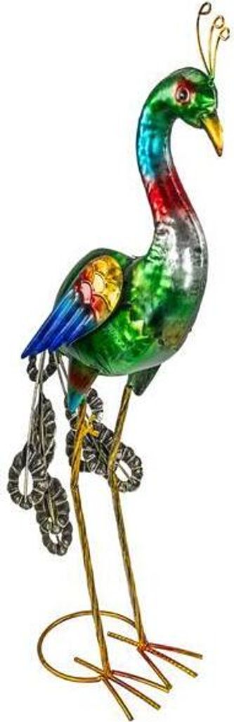 A decorative metal peacock figurine.