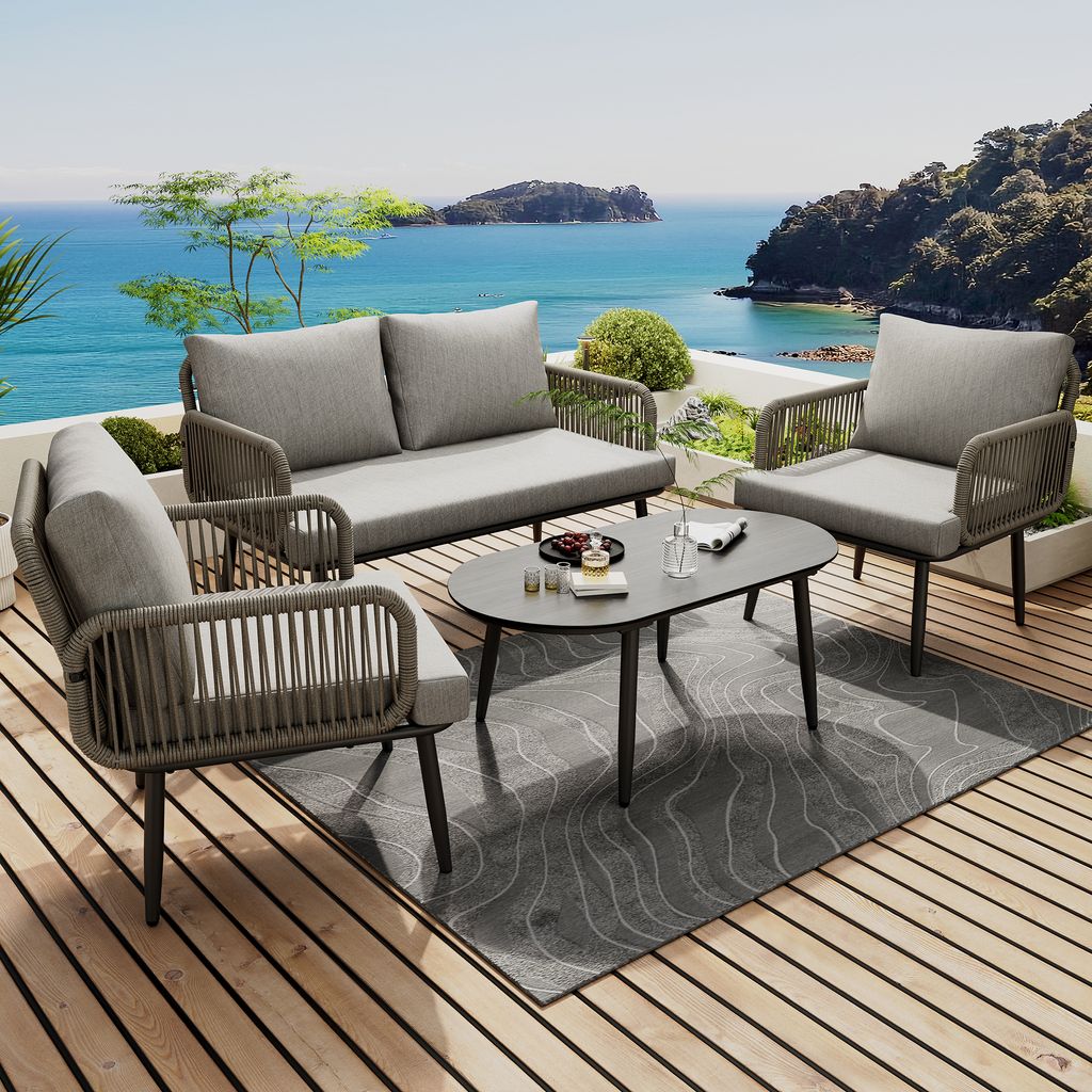 okwish Garten-Loungestuhl-Set, Gartenlounge-Set,Gartenmöbel-Set mit Kissen, Garten-Essgruppe Balkonmöbel,mit 2-Sitzer-Sofa, 2 Sessel und Couchtis...